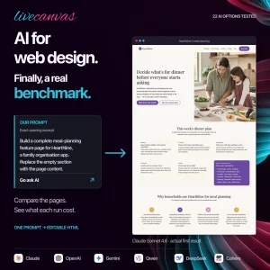 LiveCanvas AI web design benchmark: an exact prompt excerpt points to the real Claude Sonnet 4.6 page, showing its hero, weekly plan and benefits.