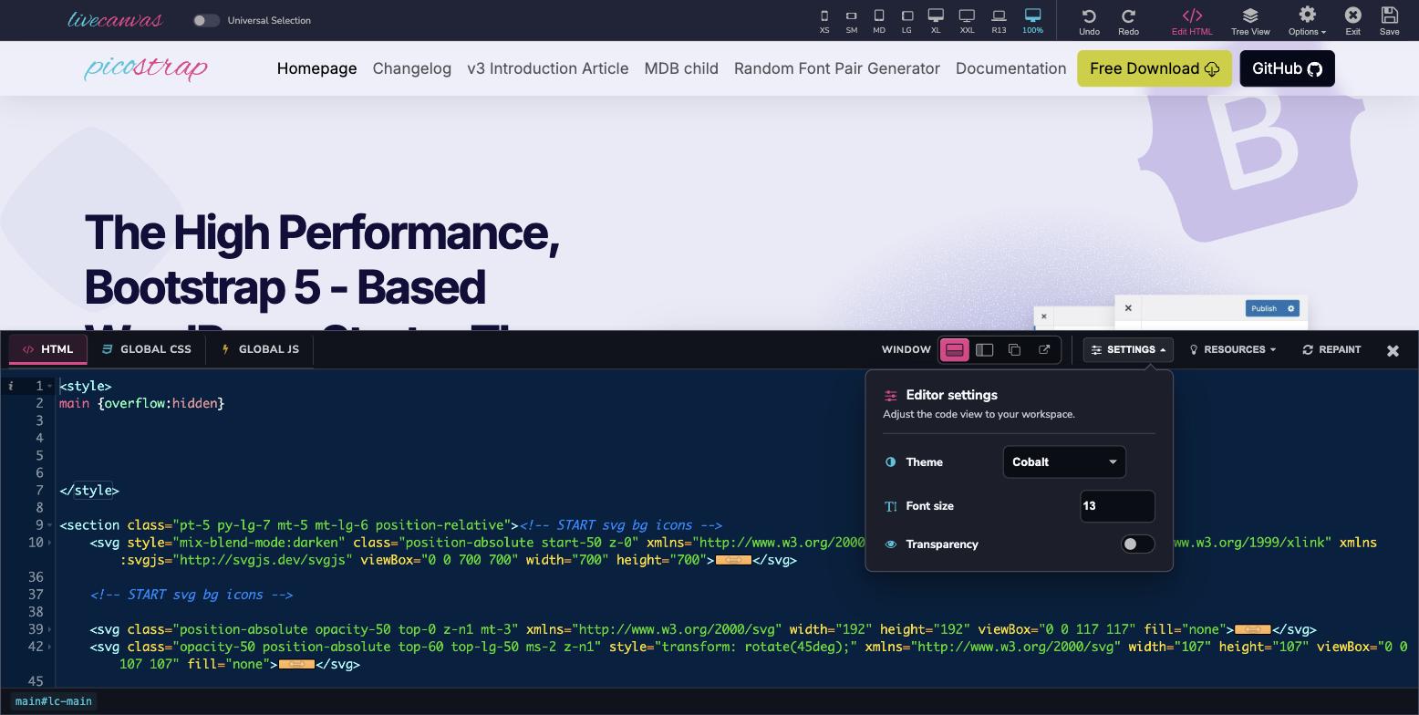 Editor settings: theme, font size and transparency