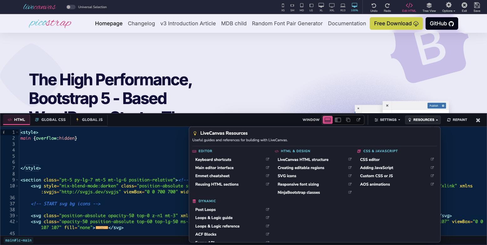 The grouped Resources menu in the LiveCanvas code editor