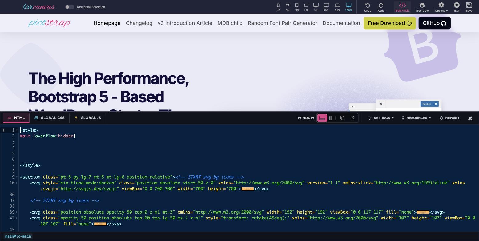Split below layout: the code editor under the page preview