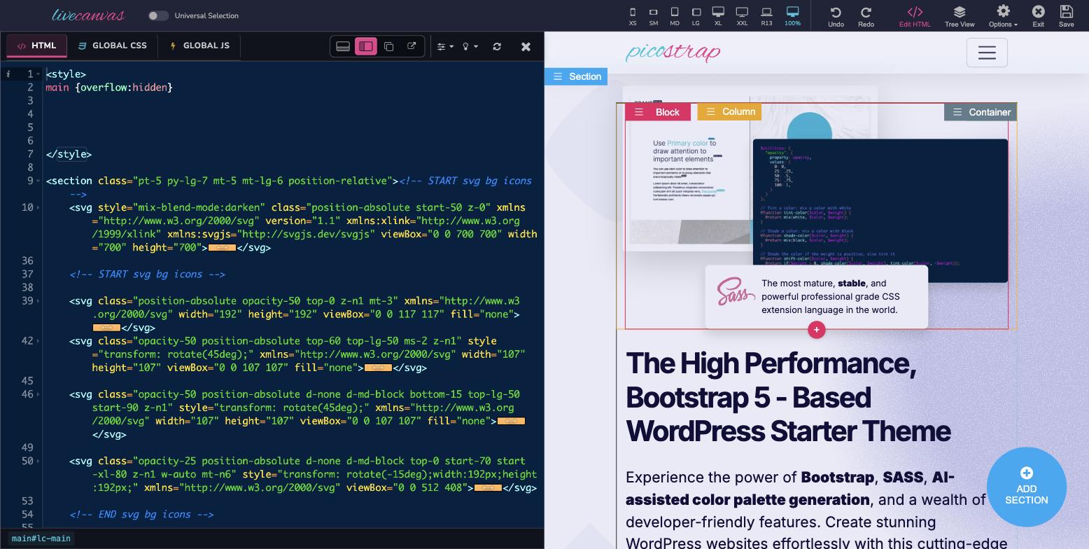 Split beside layout: the code editor next to the page preview