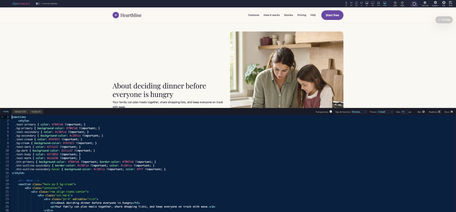 LiveCanvas HTML editor beside the generated Hearthline page